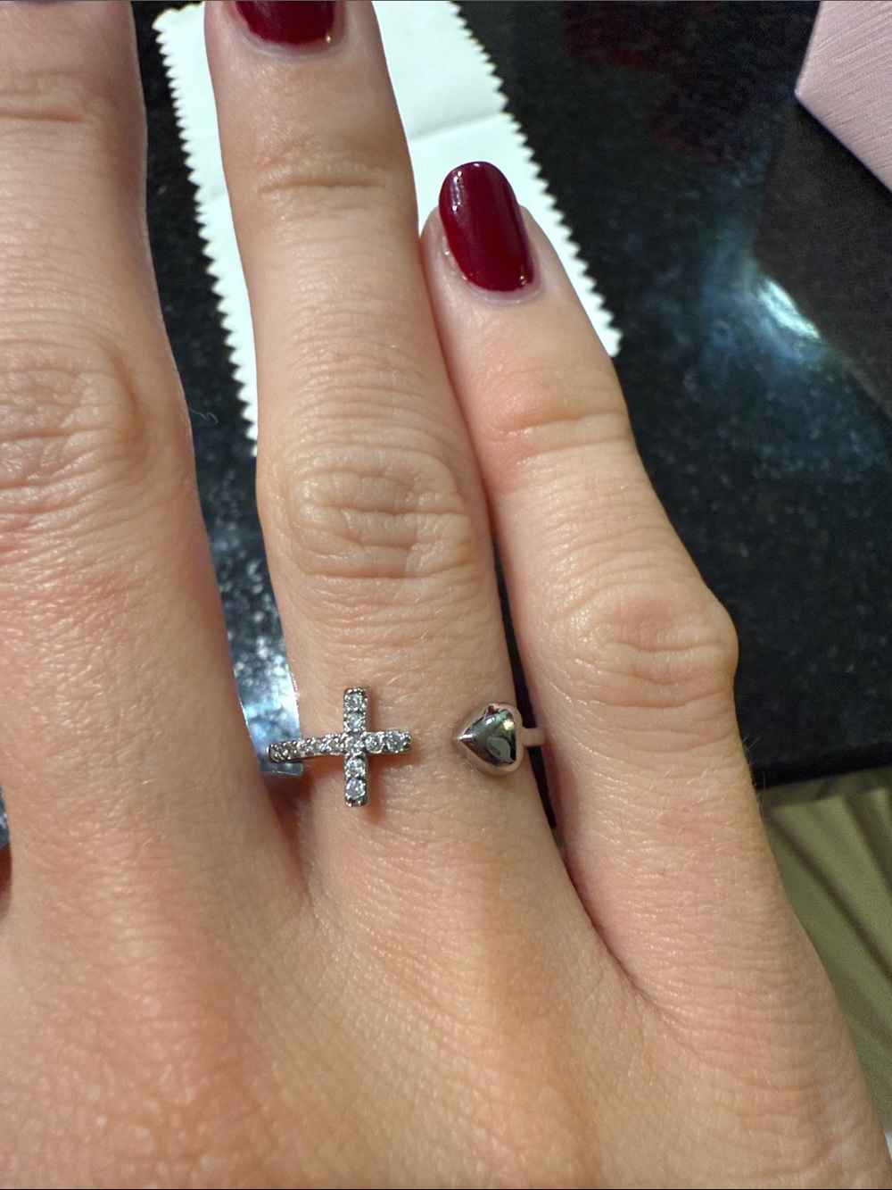Sterling Silver Cross and Heart Open Ring - Silver